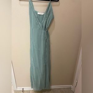 ASTR The Label, wrap maxi dress with floral stitching, size small, blue/green